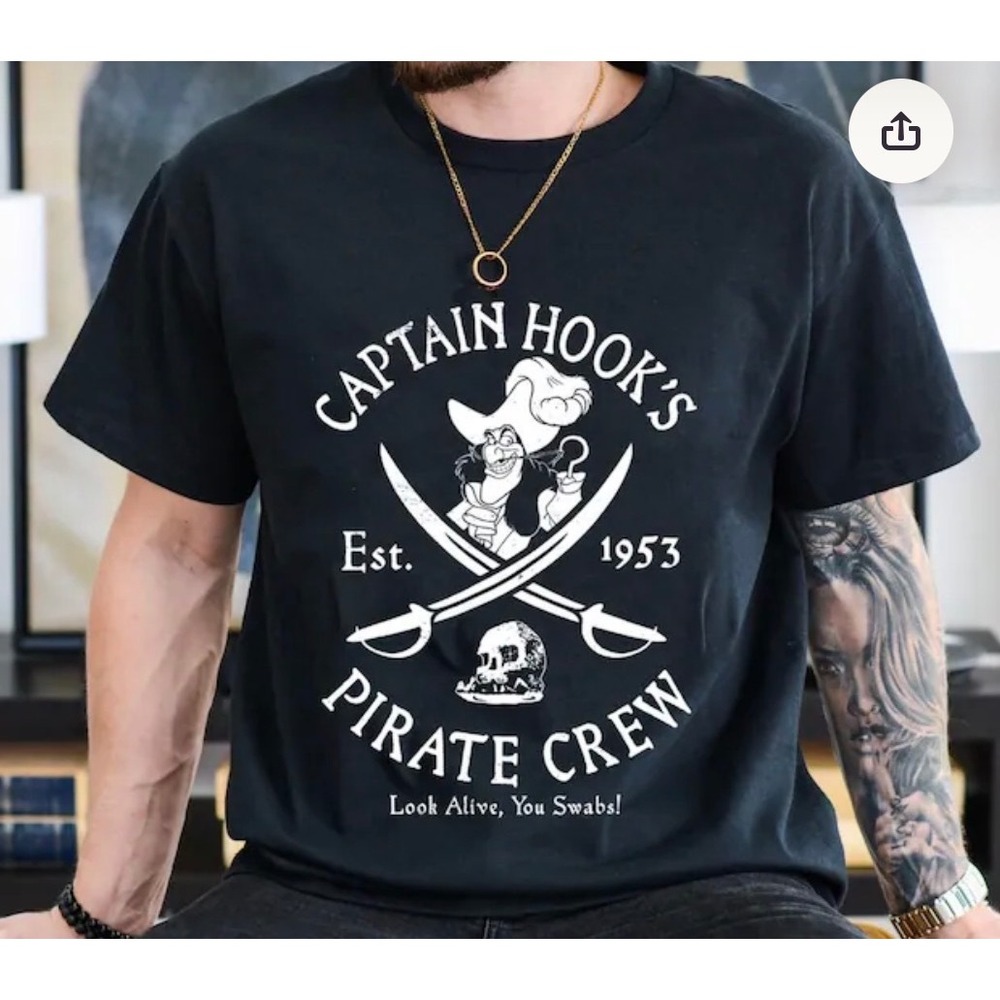 Disney Captain Hook Pirate Crew Mens Medium Black Peter Pan Graphic Tee Preloved